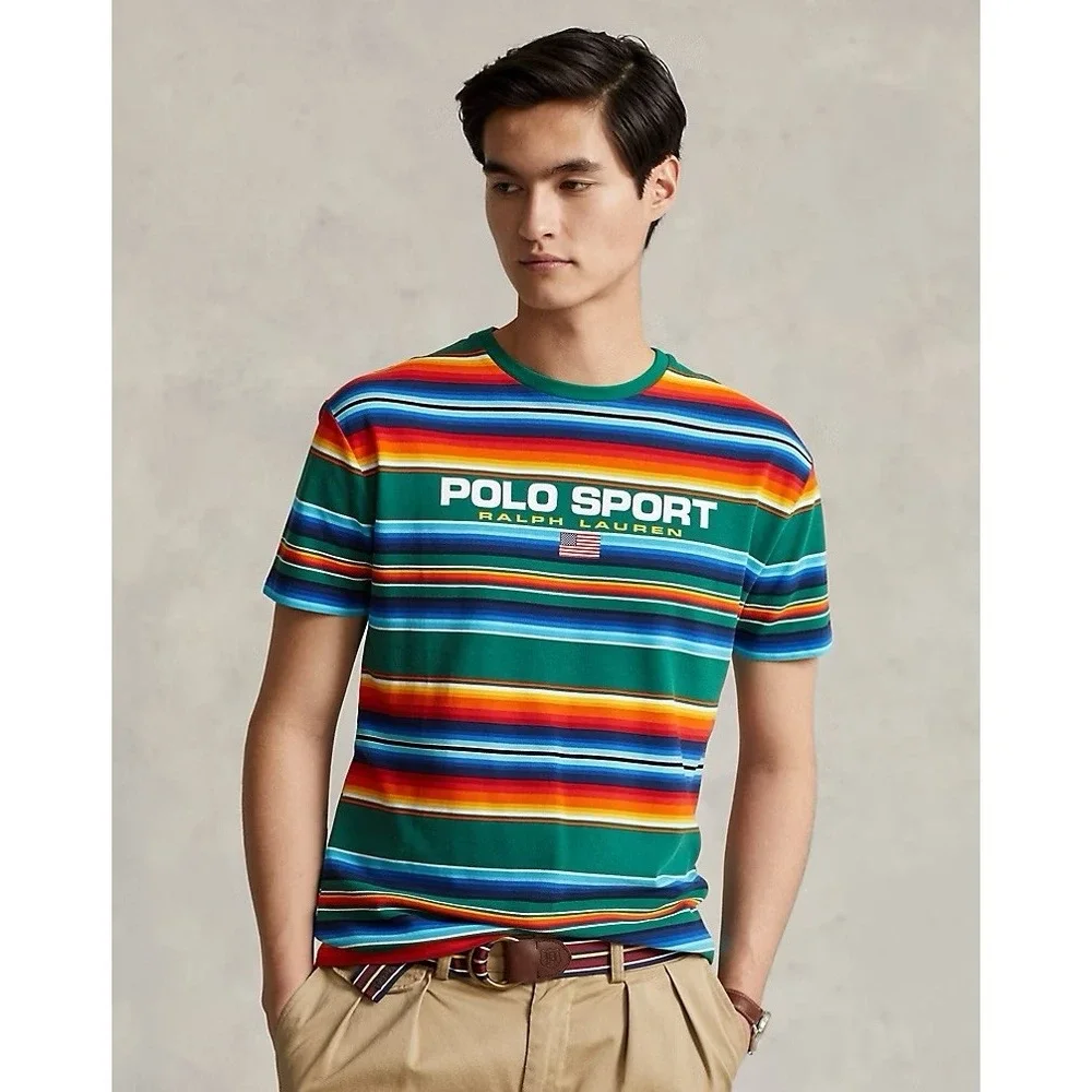Ralph Lauren Classic Fit Red Rock Stripe Polo Sport Mesh T-Shirt Youth Large HTF